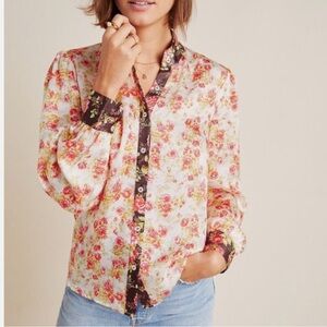 HEMANT & NANDITA Silky Floral Blouse with Brown Trim